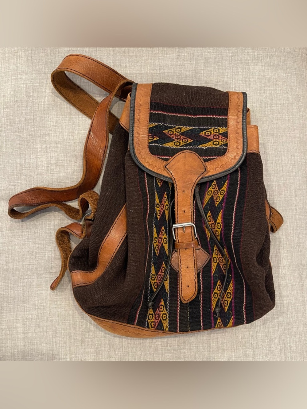 Vintage Brown Leather Kilim backpack bohemian print festival hippie